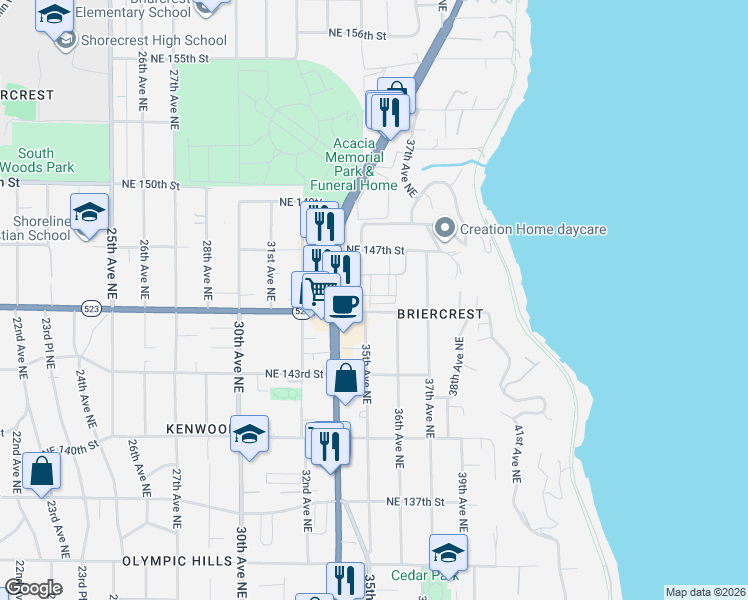 map of restaurants, bars, coffee shops, grocery stores, and more near 3511 Northeast 146th Place in Shoreline