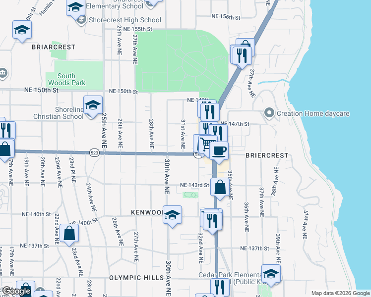 map of restaurants, bars, coffee shops, grocery stores, and more near 14508 31st Avenue Northeast in Shoreline