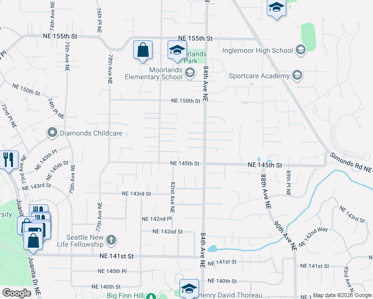 map of restaurants, bars, coffee shops, grocery stores, and more near 8142 Northeast 145th Place in Kenmore