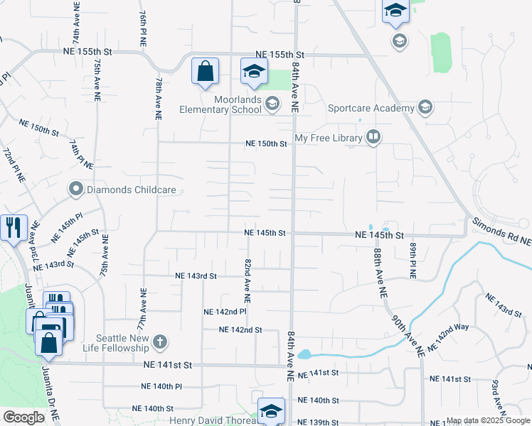 map of restaurants, bars, coffee shops, grocery stores, and more near 8142 Northeast 145th Place in Kenmore