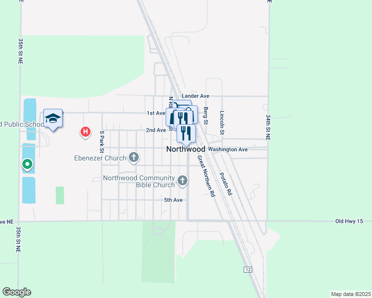 map of restaurants, bars, coffee shops, grocery stores, and more near in Northwood