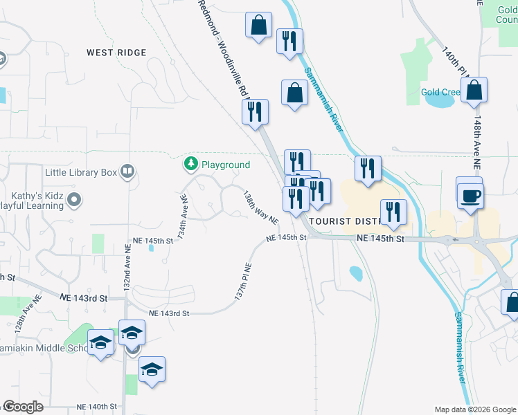 map of restaurants, bars, coffee shops, grocery stores, and more near 14628 138th Way Northeast in Woodinville