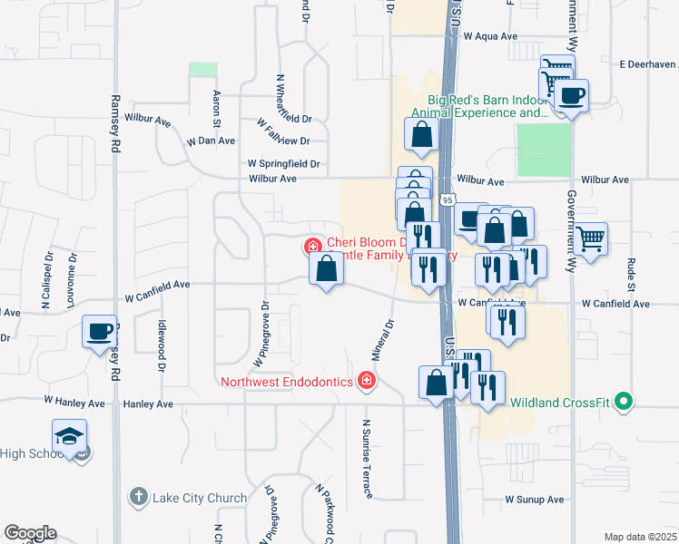 map of restaurants, bars, coffee shops, grocery stores, and more near 605 West Canfield Avenue in Coeur d'Alene