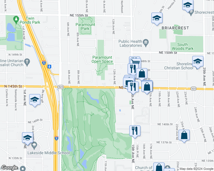 map of restaurants, bars, coffee shops, grocery stores, and more near 1121 Northeast 146th Street in Shoreline