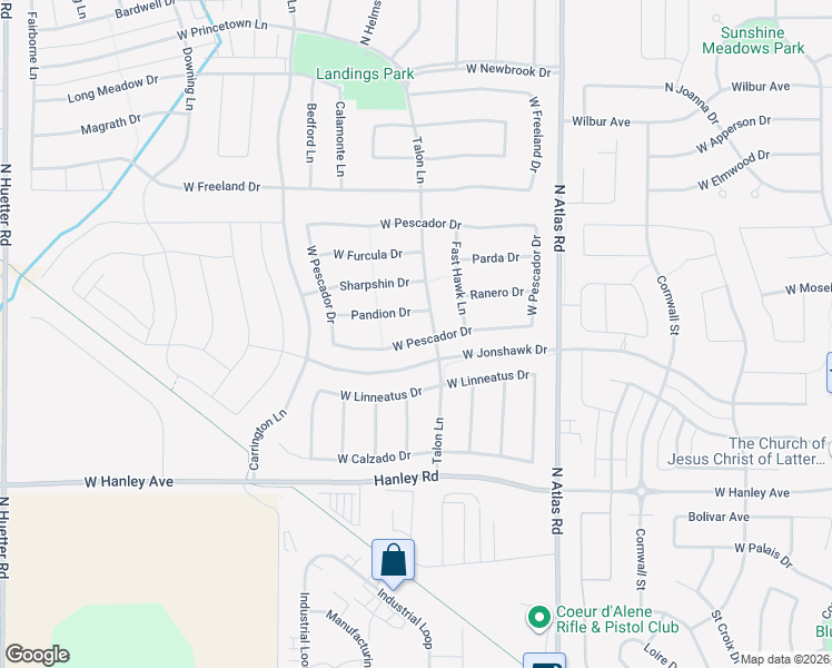 map of restaurants, bars, coffee shops, grocery stores, and more near 3636 Pandion Drive in Coeur d'Alene