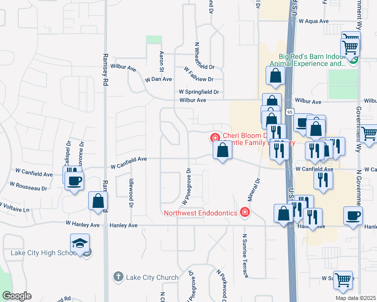 map of restaurants, bars, coffee shops, grocery stores, and more near 6826 North Pinegrove Drive in Coeur d'Alene