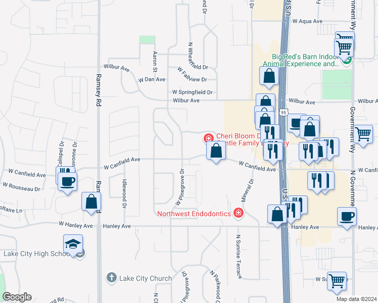 map of restaurants, bars, coffee shops, grocery stores, and more near 6814 North Pinegrove Drive in Coeur d'Alene