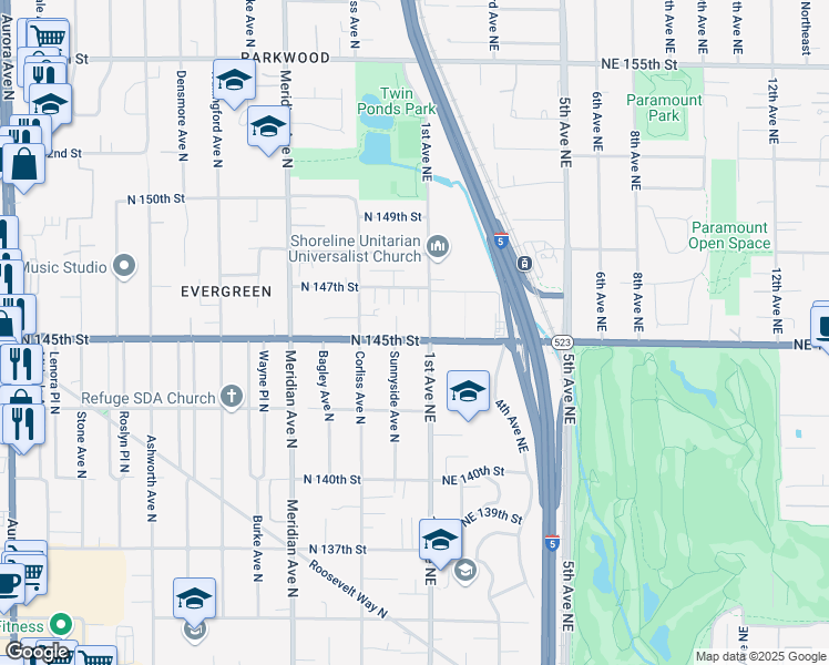 map of restaurants, bars, coffee shops, grocery stores, and more near 2348 North 145th Street in Shoreline