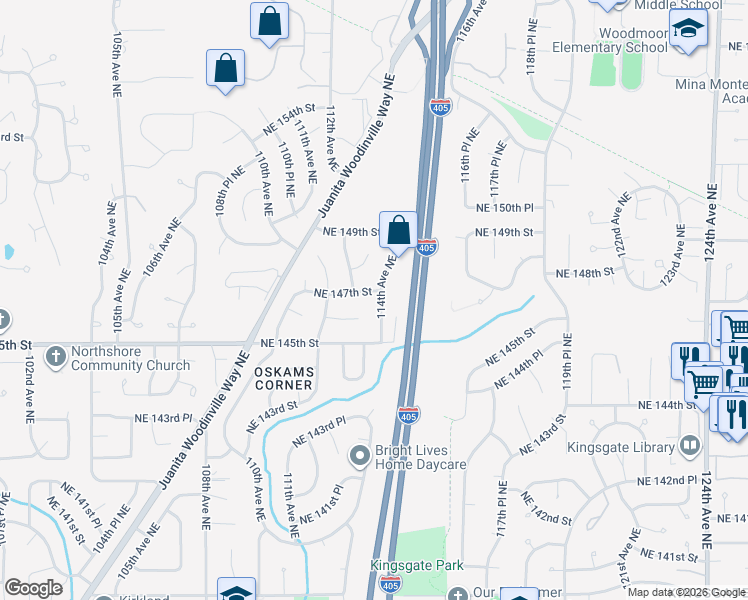 map of restaurants, bars, coffee shops, grocery stores, and more near 14545 114th Avenue Northeast in Kirkland