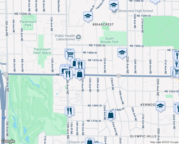 map of restaurants, bars, coffee shops, grocery stores, and more near 1733 Northeast 146th Street in Shoreline