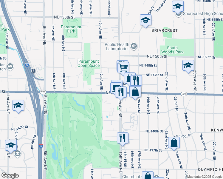 map of restaurants, bars, coffee shops, grocery stores, and more near 14532 12th Avenue Northeast in Shoreline