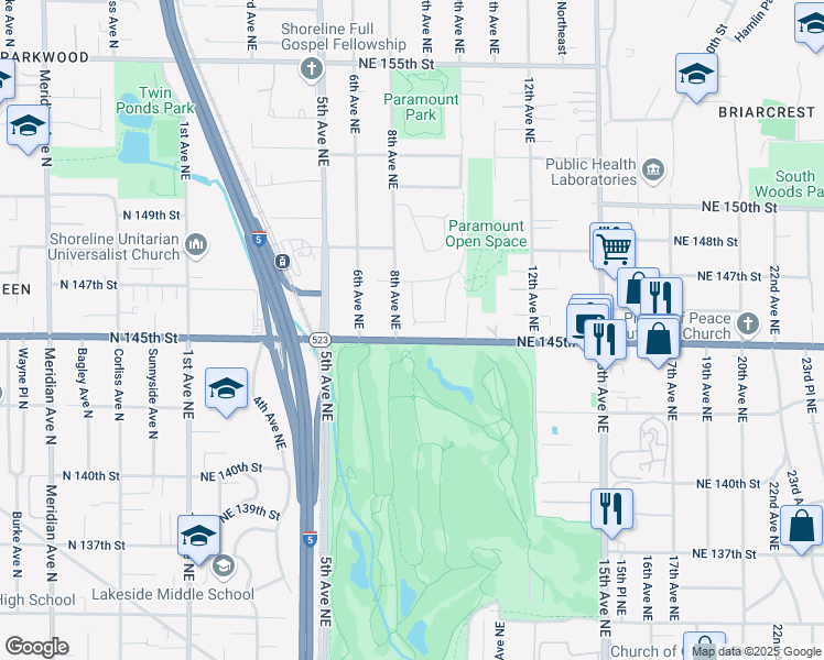 map of restaurants, bars, coffee shops, grocery stores, and more near 14605 9th Avenue Northeast in Shoreline
