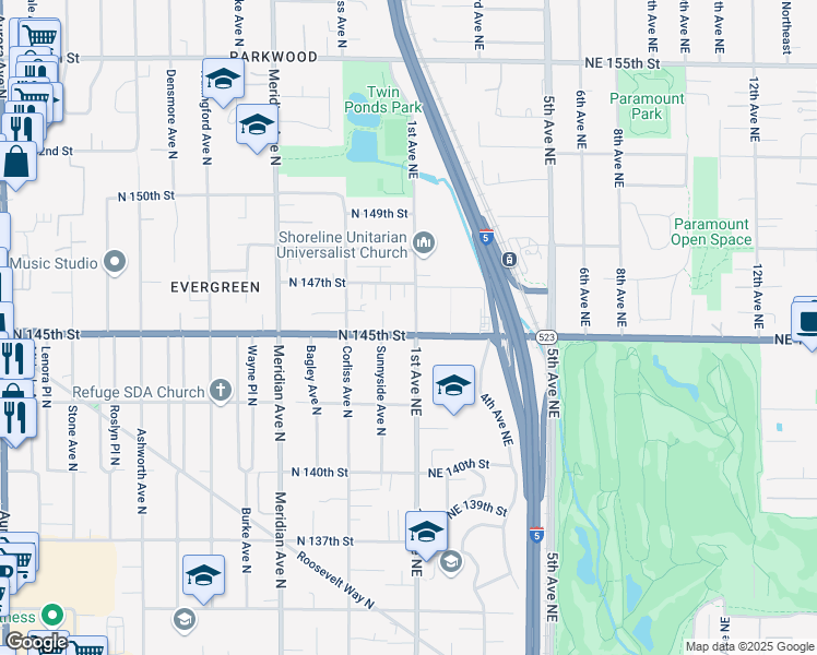 map of restaurants, bars, coffee shops, grocery stores, and more near 2348 North 145th Street in Shoreline