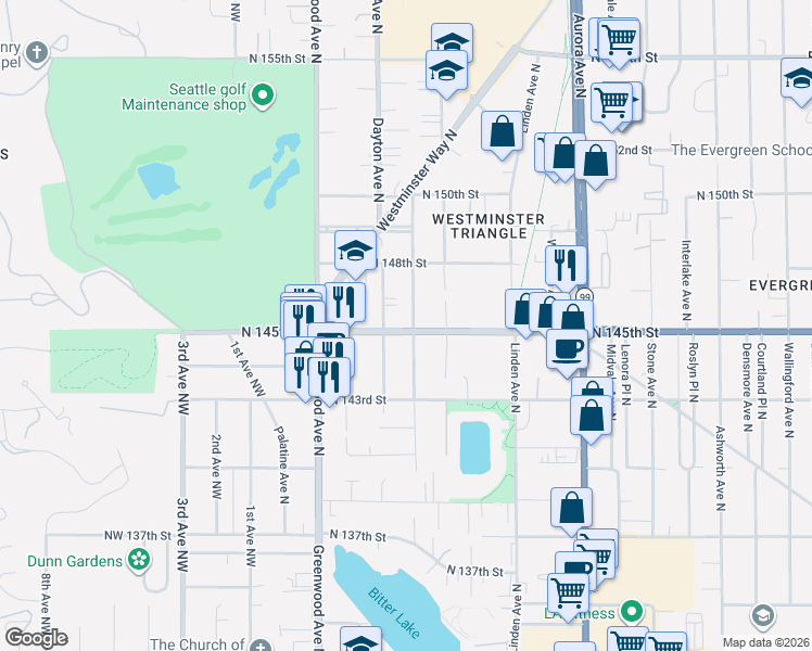 map of restaurants, bars, coffee shops, grocery stores, and more near 14509 Evanston Avenue North in Shoreline