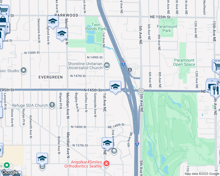 map of restaurants, bars, coffee shops, grocery stores, and more near 114 Northeast 145th Street in Shoreline