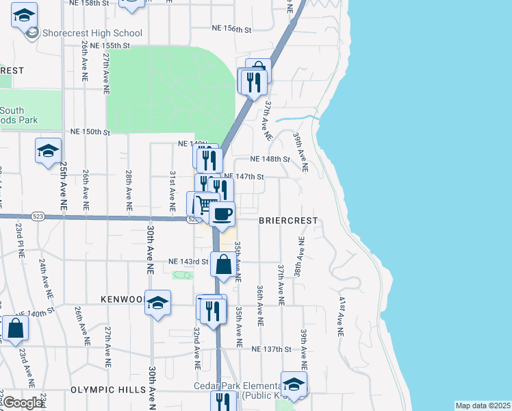 map of restaurants, bars, coffee shops, grocery stores, and more near 14617 36th Court Northeast in Lake Forest Park
