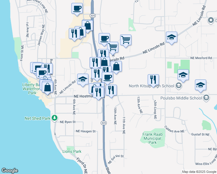 map of restaurants, bars, coffee shops, grocery stores, and more near 18840 Washington 305 in Poulsbo