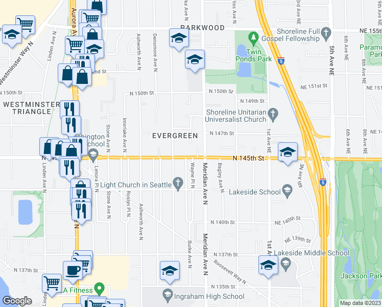 map of restaurants, bars, coffee shops, grocery stores, and more near 2006 North 145th Street in Shoreline