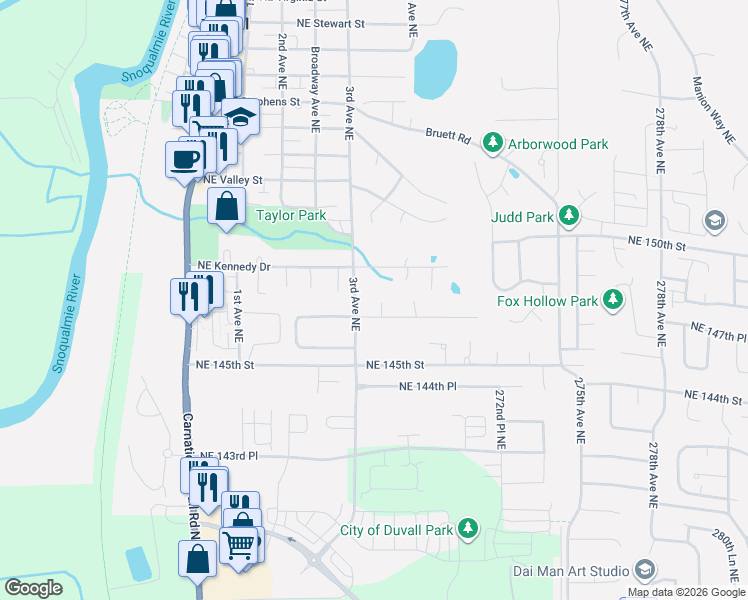 map of restaurants, bars, coffee shops, grocery stores, and more near 14728 3rd Avenue Northeast in Duvall