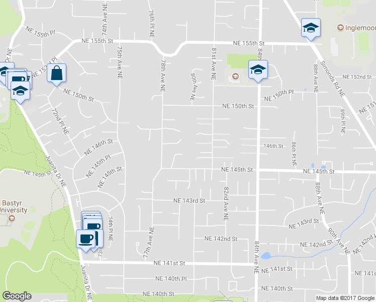 map of restaurants, bars, coffee shops, grocery stores, and more near 7848 Northeast 146th Street in Kenmore
