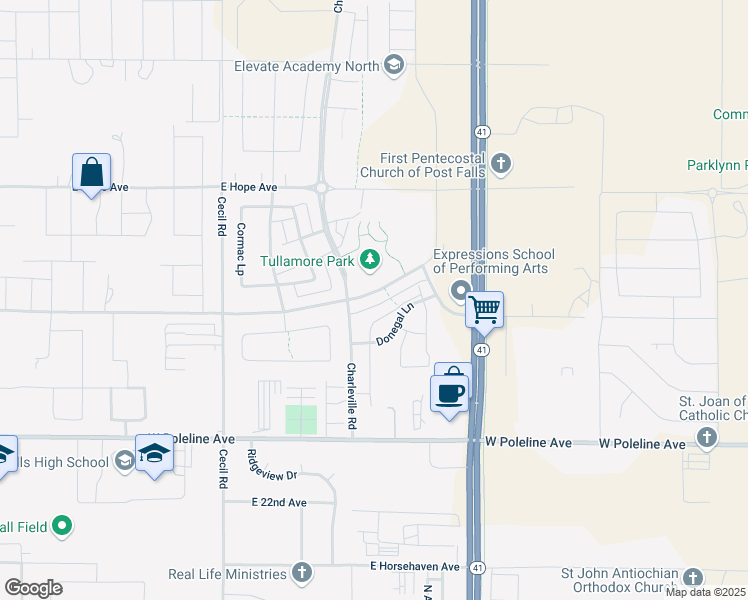 map of restaurants, bars, coffee shops, grocery stores, and more near 3618 East Bogie Drive in Post Falls