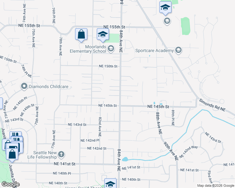 map of restaurants, bars, coffee shops, grocery stores, and more near 8318 Northeast 146th Street in Kenmore
