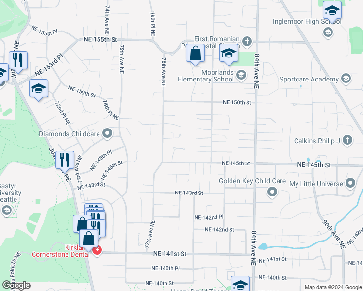 map of restaurants, bars, coffee shops, grocery stores, and more near 7838 Northeast 146th Street in Kenmore