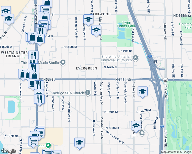 map of restaurants, bars, coffee shops, grocery stores, and more near 2006 North 145th Street in Shoreline