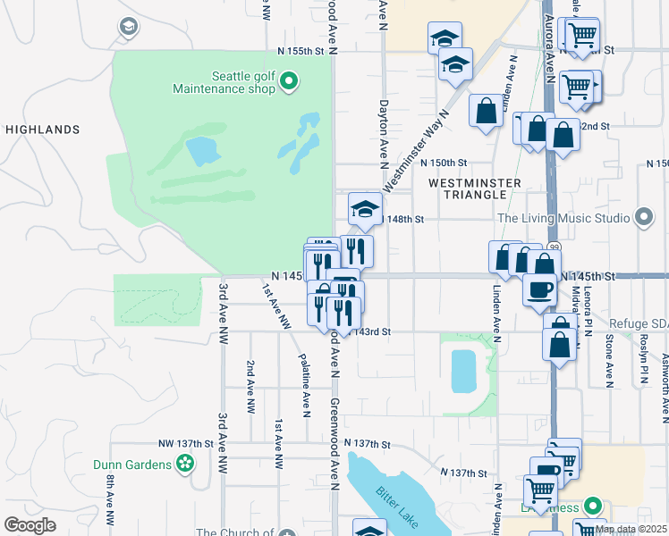 map of restaurants, bars, coffee shops, grocery stores, and more near 14500 Greenwood Avenue North in Seattle