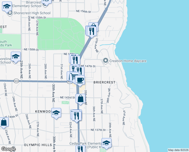 map of restaurants, bars, coffee shops, grocery stores, and more near 14610 36th Avenue Northeast in Lake Forest Park