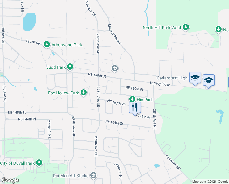 map of restaurants, bars, coffee shops, grocery stores, and more near 27825 Northeast 148th Place in Duvall