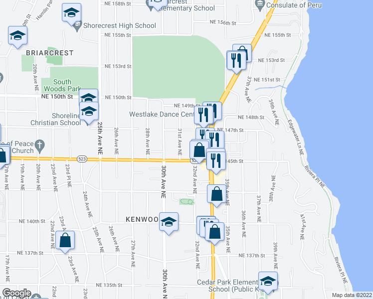 map of restaurants, bars, coffee shops, grocery stores, and more near 14522 31st Avenue Northeast in Shoreline