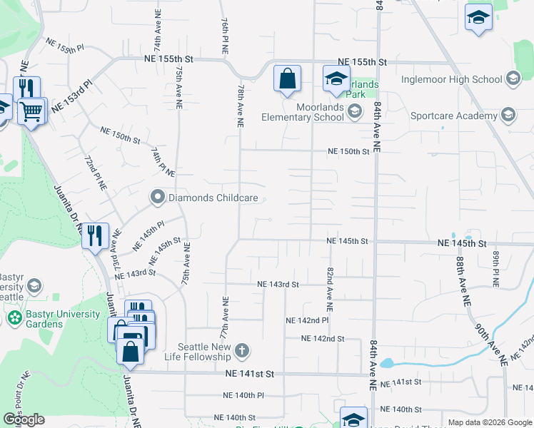 map of restaurants, bars, coffee shops, grocery stores, and more near 7838 Northeast 146th Street in Kenmore