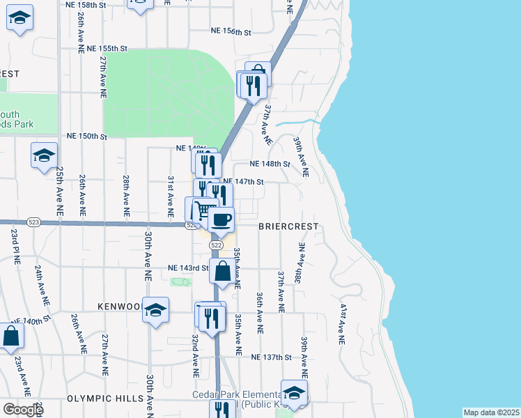 map of restaurants, bars, coffee shops, grocery stores, and more near 14525 37th Avenue Northeast in Lake Forest Park