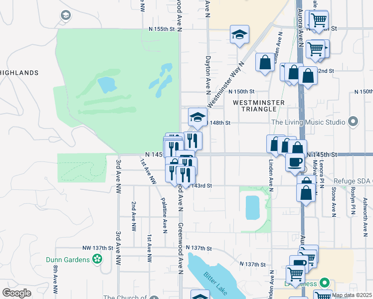 map of restaurants, bars, coffee shops, grocery stores, and more near 14500 Greenwood Avenue North in Seattle