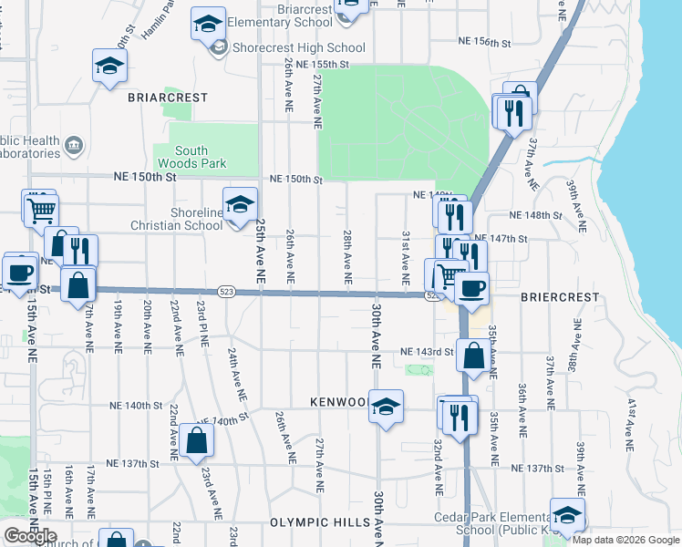map of restaurants, bars, coffee shops, grocery stores, and more near 14521 28th Avenue Northeast in Shoreline