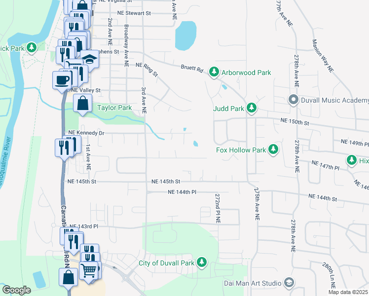 map of restaurants, bars, coffee shops, grocery stores, and more near 14802 4th Pl NE in Duvall