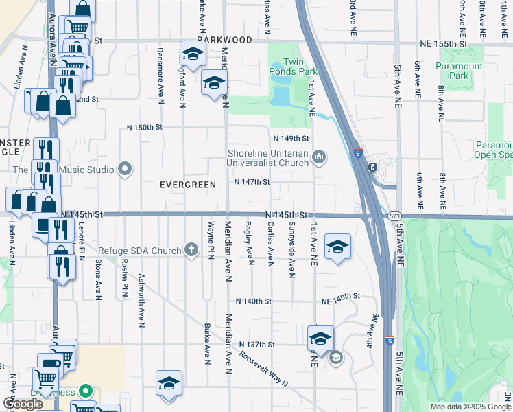 map of restaurants, bars, coffee shops, grocery stores, and more near 2139 North 146th Street in Shoreline