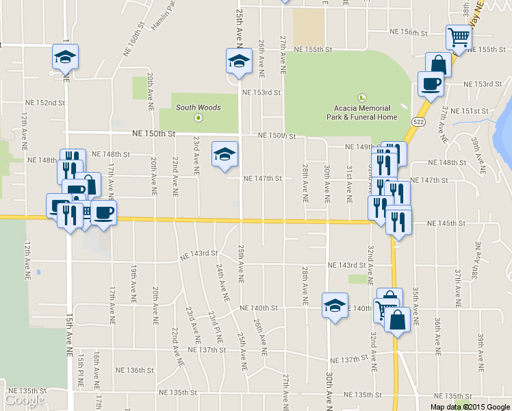 map of restaurants, bars, coffee shops, grocery stores, and more near 14527 26th Avenue Northeast in Shoreline