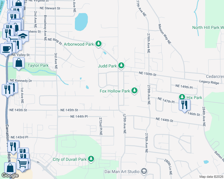 map of restaurants, bars, coffee shops, grocery stores, and more near 14723 274th Way Northeast in Duvall