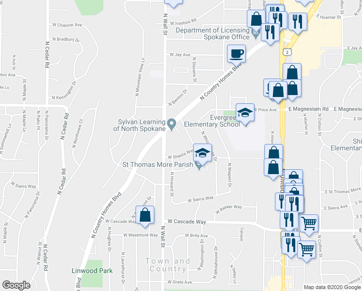 map of restaurants, bars, coffee shops, grocery stores, and more near 8421 North Stevens Drive in Spokane