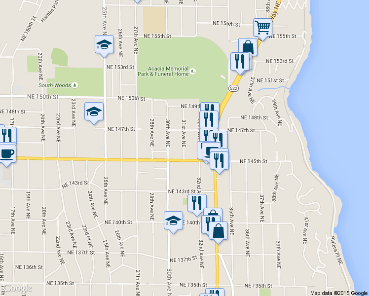 map of restaurants, bars, coffee shops, grocery stores, and more near 14522 31st Avenue Northeast in Shoreline