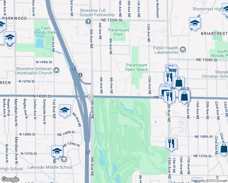 map of restaurants, bars, coffee shops, grocery stores, and more near 14605 9th Avenue Northeast in Shoreline