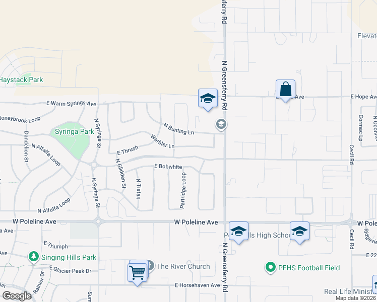 map of restaurants, bars, coffee shops, grocery stores, and more near 2234 East Warbler Lane in Post Falls