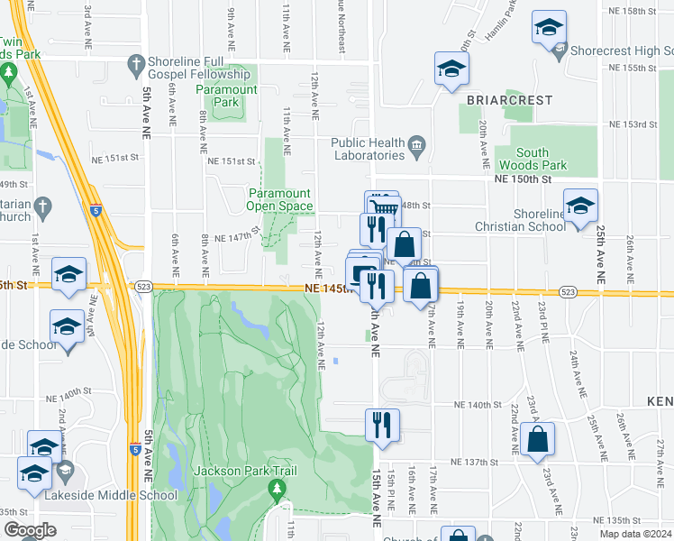 map of restaurants, bars, coffee shops, grocery stores, and more near 14532 12th Avenue Northeast in Shoreline