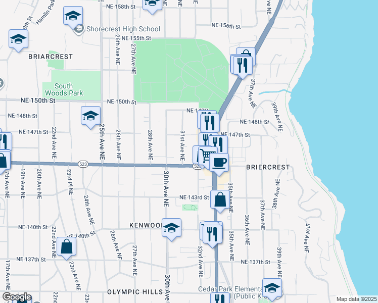 map of restaurants, bars, coffee shops, grocery stores, and more near 14522 31st Avenue Northeast in Shoreline