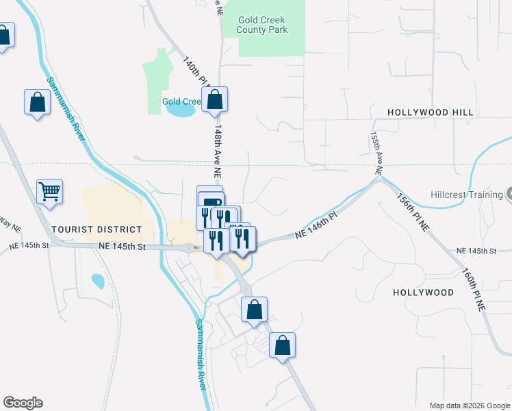 map of restaurants, bars, coffee shops, grocery stores, and more near 14319 Northeast 147th Court in Woodinville