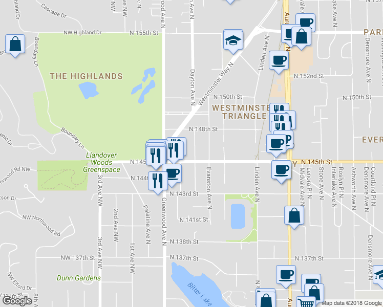 map of restaurants, bars, coffee shops, grocery stores, and more near 14515 Dayton Avenue North in Shoreline