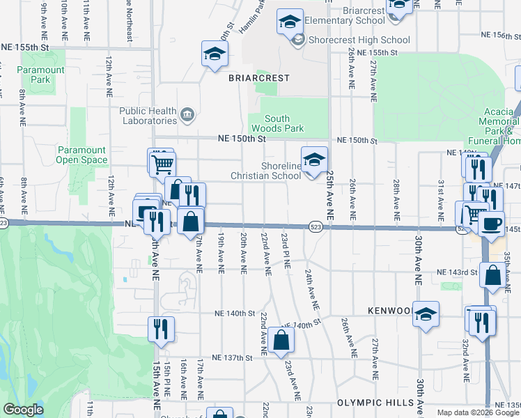map of restaurants, bars, coffee shops, grocery stores, and more near in Shoreline