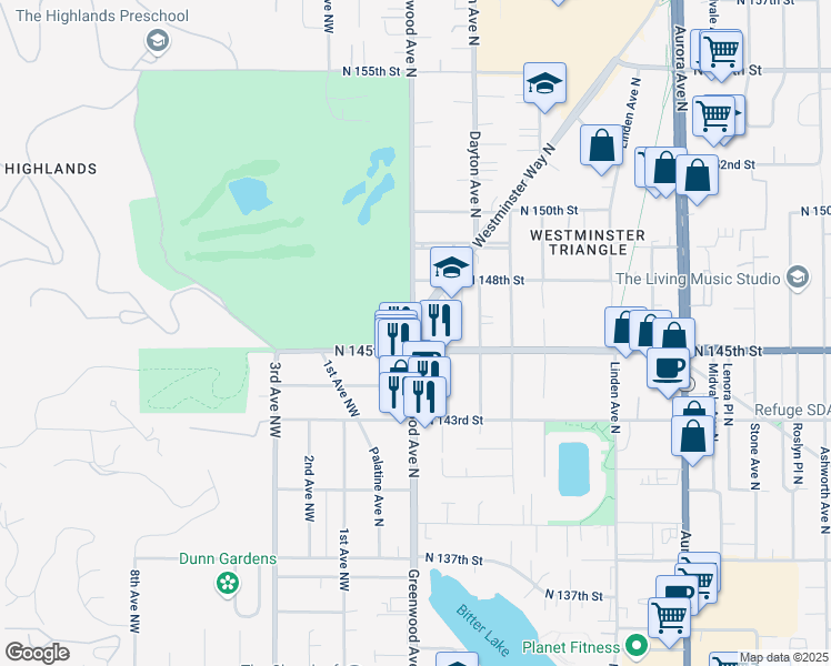 map of restaurants, bars, coffee shops, grocery stores, and more near 14500 Greenwood Avenue North in Seattle